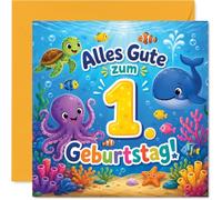 Stuff4 Niedliche Geburtstagskarte zum 1. Geburtstag - Fröhliche Unterwasserwelt - Bunte Meerestiere mit Großer Gelber 1 im Mittelpunkt - 145 mm Quadratisch, Umschlag Inklusive