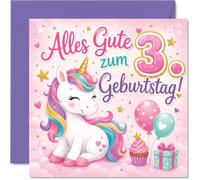 Stuff4 Niedliche Geburtstagskarte zum 3. Geburtstag - Fröhlicher Geburtstagszauber - Verspieltes Einhorn mit Ballons, Cupcake und Geschenk - 145 mm Quadratisch, Umschlag Inklusive
