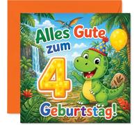Stuff4 Niedliche Geburtstagskarte zum 4. Geburtstag - Fröhlich Feiern mit Dino - Bunte Party im Dschungel mit Luftballon und Zahl 4-145 mm Quadratisch, Umschlag Inklusive