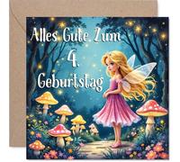 Stuff4 Niedliche Geburtstagskarte zum 4. Geburtstag - Zauberhafte Feenwelt - Märchenhafte Fee mit Bunten Pilzen in Pastellfarben - 145 mm Quadratisch, Umschlag Inklusive