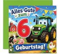 Stuff4 Niedliche Geburtstagskarte zum 6. Geburtstag - Fröhlicher Traktor und Bauernhoftiere Feiern die 6 - Bunte Motive mit Kuh, Schwein und Huhn - 145 mm Quadratisch, Umschlag Inklusive