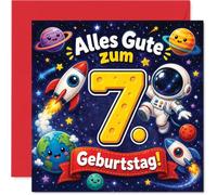 Stuff4 Niedliche Geburtstagskarte zum 7. Geburtstag - Fröhlich durch den Weltraum - 145 mm Quadratisch, Umschlag Inklusive