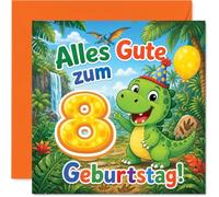 Stuff4 Niedliche Geburtstagskarte zum 8. Geburtstag - Bunter Dino-Spaß zum 8. Geburtstag - 145 mm Quadratisch, Umschlag Inklusive
