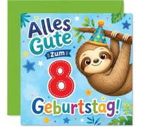 Stuff4 Niedliche Geburtstagskarte zum 8. Geburtstag - Fröhlich Feiern mit Faultier im Partyhut - 145 mm Quadratisch, Umschlag Inklusive