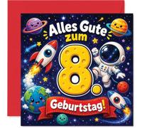 Stuff4 Niedliche Geburtstagskarte zum 8. Geburtstag - Fröhliche Abenteuerlust - Astronaut und Rakete Feiern im Bunten Weltraum - 145 mm Quadratisch, Umschlag Inklusive