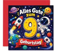 Stuff4 Niedliche Geburtstagskarte zum 9. Geburtstag - Bunte Weltraum-Abenteuer - Fröhlicher Astronaut mit Rakete und Planeten - 145 mm Quadratisch, Umschlag Inklusive