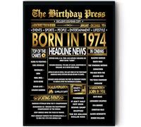 Stuff4 Póster dorado con marco de 51 cumpleaños - Golden Born In 1974 Newspaper - Happy 51 Birthday para hombres y mujeres, regalos retro vintage en 1974, decoración de fiesta de cumpleaños de 8 x 10