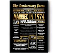 Stuff4 Póster dorado del 51 aniversario enmarcado - Golden Married In 1974 - Feliz 51 aniversario para hombres y mujeres, regalos retro vintage en 1974, decoración de fiesta de cumpleaños de 8 x 10