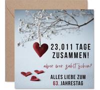 Stuff4 Romantische Hochzeitstagskarte zum 63. Hochzeitstag - Jeden Tag Gemeinsam Gezählt - Rotes Filzherz und Trockenblumen auf Weißem Hintergrund - 145 mm Quadratisch, Umschlag Inklusive