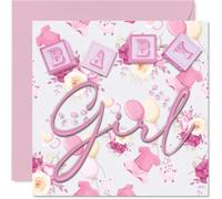 Stuff4 Sweet New Baby Card - Tarjeta de bienvenida a Little One to the World - Bloques de bebé rosa pastel, globos y motivos florales - Cuadrado de 5.7 pulgadas, sobre incluido