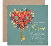 Stuff4 Tarjeta aniversario para novia - Corazón rojo con llave dorada y flores - 145 mm cuadrada, sobre incluido