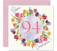 Stuff4 Tarjeta cumpleaños 94 para mujer - Ramo flores tulipanes acuarela - Tarjetas feliz cumpleaños para mujer 94 años mamá bisabuela abuela, 145 mm noventa y cuatro noventa y cuatro cumpleaños