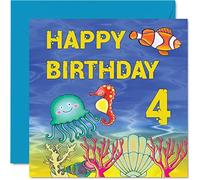 Stuff4 Tarjeta de 4º cumpleaños para niño y niña, tarjeta de cumpleaños de vida marina, tarjetas de felicitación de 145 mm para hijo, sobrino, nieto, hija, hermano