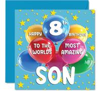 Stuff4 Tarjeta de cumpleaños de 8º hijo - World's Most Amazing Son - Tarjeta de feliz 8º cumpleaños para hijo de mamá papá, 145 mm x 145 mm, 8 tarjetas de felicitación para hijo