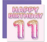 Stuff4 Tarjeta de cumpleaños número 11 para niñas, globos de purpurina rosa y morada, tarjetas de feliz cumpleaños para niñas de 11 años, hija, hermana, nieta, prima, 145 mm x 145 mm, tarjetas de