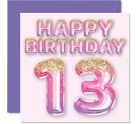 Stuff4 Tarjeta de cumpleaños número 13 para niñas, globos de purpurina rosa y morada, tarjetas de feliz cumpleaños para niñas de 13 años, hija, hermana, nieta, prima, 145 mm x 145 mm, tarjetas de