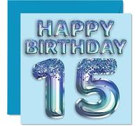 Stuff4 Tarjeta de cumpleaños número 15 para niños, globo de fiesta con purpurina azul, tarjetas de feliz cumpleaños para niños de 15 años, nieto, hijo, hermano, sobrino, 145 mm x 145 mm, tarjetas de