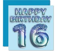 Stuff4 Tarjeta de cumpleaños número 16 para niños, globo de fiesta con purpurina azul, tarjetas de feliz cumpleaños para niños de 16 años, nieto, hijo, hermano, sobrino, 145 mm x 145 mm, tarjetas de