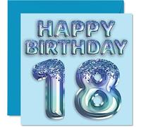 Stuff4 Tarjeta de cumpleaños número 18 para hombres, globo de fiesta con purpurina azul, tarjetas de feliz cumpleaños para hombre de 18 años, hermano, hijo, sobrino, tío, 145 mm x 145 mm, tarjetas de