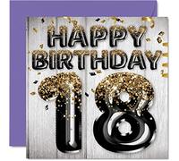 Stuff4 Tarjeta de cumpleaños número 18 para hombres, globos negros y dorados con purpurina, tarjetas de feliz cumpleaños para hombre de 18 años, hijo, hermano, tío primo, 145 mm x 145 mm, tarjetas de