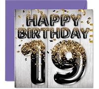 Stuff4 Tarjeta de cumpleaños número 19 para hombres, globos negros y dorados con purpurina, tarjetas de feliz cumpleaños para hombre de 19 años, hijo, hermano, tío primo, 145 mm x 145 mm, tarjetas de