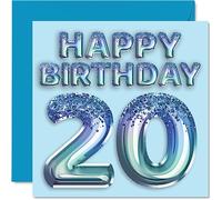 Stuff4 Tarjeta de cumpleaños número 20 para hombres, globo de fiesta con purpurina azul, tarjetas de feliz cumpleaños para hombre de 20 años, hermano, hijo, sobrino, tío, 145 mm x 145 mm, tarjetas de