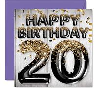 Stuff4 Tarjeta de cumpleaños número 20 para hombres, globos negros y dorados con purpurina, tarjetas de feliz cumpleaños para hombre de 20 años, hijo, hermano, tío primo, 145 mm x 145 mm, tarjetas de