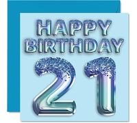 Stuff4 Tarjeta de cumpleaños número 21 para hombres, globo de fiesta con purpurina azul, tarjetas de feliz cumpleaños para hombre de 21 años, hermano, hijo, sobrino, tío, 145 mm x 145 mm, tarjetas de