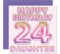Tarjeta de cumpleaños número 24 para hija, globos de purpurina rosa y morada, tarjetas de feliz cumpleaños para hija de 24 años de parte de mamá, papá, padres, tarjetas de felicitación de cumpleaños