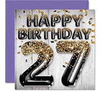 Stuff4 Tarjeta de cumpleaños número 27 para hombres, globos negros y dorados con purpurina, tarjetas de feliz cumpleaños para hombre de 27 años, hijo, hermano, tío primo, 145 mm x 145 mm, veintisiete