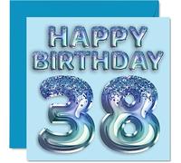 Stuff4 Tarjeta de cumpleaños número 38 para hombres, globo de fiesta con purpurina azul, tarjetas de feliz cumpleaños para hombre de 38 años, hermano, amigo, tío papá, 145 mm x 145 mm, tarjetas de