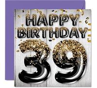 Stuff4 Tarjeta de cumpleaños número 39 para hombres, globos con purpurina negra y dorada, tarjetas de feliz cumpleaños para hombre de 39 años, amigo, hermano, papá, tío, 145 mm x 145 mm, tarjetas de
