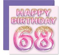 Stuff4 Tarjeta de cumpleaños número 68 para mujer, globos de purpurina rosa y morada, tarjetas de feliz cumpleaños para mujer de 68 años, mamá, niñera, abuela, tía, tarjetas de felicitación de 145 mm