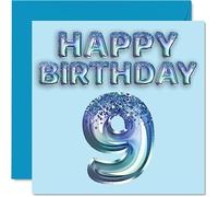 Stuff4 Tarjeta de cumpleaños número 9 para niños, globo de fiesta con purpurina azul, tarjetas de feliz cumpleaños para niños de 9 años, nieto, hijo, hermano, sobrino, 145 mm x 145 mm, tarjetas de