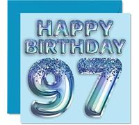 Stuff4 Tarjeta de cumpleaños número 97 para hombre, globo de fiesta con purpurina azul, tarjetas de feliz cumpleaños para hombre de 97 años, bisabuelo, abuelo, papá, abuela, regalo de 145 mm