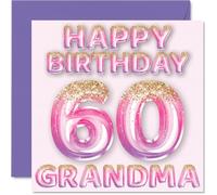Stuff4 Tarjeta de cumpleaños para abuela de 60 años de parte de nieto, globos rosas y morados con purpurina
