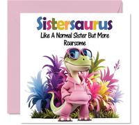 Stuff4 Tarjeta de cumpleaños para hermana - Roarsome Sistersaurus - Tarjeta de feliz cumpleaños para hermana de hermano hermana, 145 mm x 145 mm, tarjetas de felicitación de cumpleaños de dinosaurio