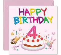 Stuff4 Tarjeta de cumpleaños para niña de 4 años, tarjeta de cumpleaños de fiesta de criaturas, tarjetas de felicitación de 145 mm para hija, sobrina, nieta, niños