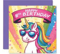 Stuff4 Tarjeta de felicitacin de octavo cumpleaos de unicornio de OMS4 - Diseo lindo y genial con gafas de sol - recuerdo ideal para la celebraci