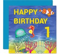 Stuff4 Tarjeta de primer cumpleaños para niño y niña, tarjeta de cumpleaños de vida marina, tarjetas de felicitación de 145 mm para hijo, sobrino, nieto, hija, hermano