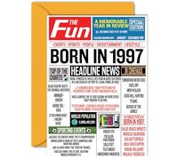 Stuff4 Tarjetas de 27 cumpleaños para mujeres y hombres nacidos en 1997, periódico, tarjeta de feliz cumpleaños 27 para hermana, hermano, amigo, retro vintage en 1997, A5, veintisiete, veintisiete cu