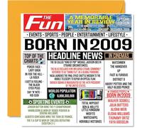 Stuff4 Tarjetas de cumpleaños número 15 para niños y niñas - Born In 2009 Newspaper - Tarjeta de feliz cumpleaños 17 para hijo, hija, primo, vintage, retro, Back In 2009, 145 mm x 145 mm, tarjetas de