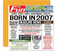 Stuff4 Tarjetas de cumpleaños número 17 para niños y niñas - Born In 2007 Newspaper - Tarjeta de feliz cumpleaños 17 para hijo, hija, primo, vintage, retro, Back In 2007, 145 mm x 145 mm, tarjetas de