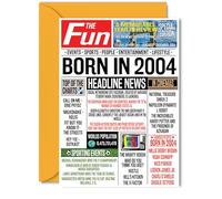 Stuff4 Tarjetas de cumpleaños número 21 para mujeres y hombres - Born In 2004 Newspaper - Tarjeta de feliz cumpleaños 21 para hija, hijo, primo, vintage, retro, Back In 2004, 5 x 7 pulgadas, veintiún