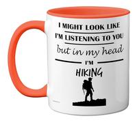 Stuff4 Taza con texto en inglés "In My Head", regalo divertido para los amantes del senderismo, hombres y mujeres, taza de cerámica de alta calidad, apta para lavavajillas, mango naranja, taza