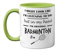 Stuff4 Taza de bádminton con texto en inglés "In My Head", regalo divertido para los amantes del bádminton, hombres y mujeres, taza de cerámica de alta calidad de 325 ml, apta para lavavajillas, taza