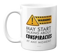 Stuff4 Taza de cerámica brillante de 325 ml, diseño de advertencia de teoría de la conspiración, letrero amarillo audaz con texto juguetón