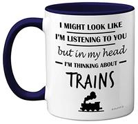 Stuff4 Taza de cerámica con asa azul marino de 325 ml, diseño de tren de vapor para hombres con texto en inglés In My Head I'm Thinking About Trains, regalos divertidos para los entusiastas de