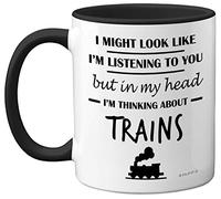 Stuff4 Taza de cerámica con mango negro de 325 ml, diseño de tren de vapor para hombres con texto en inglés In My Head I'm Thinking About Trains, regalos divertidos para los entusiastas de Spotter