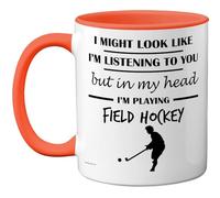 Stuff4 Taza de cerámica de alta calidad, apta para lavavajillas, mango naranja, regalo divertido para los amantes del hockey sobre césped, regalos de hockey sobre hierba, de 325 ml